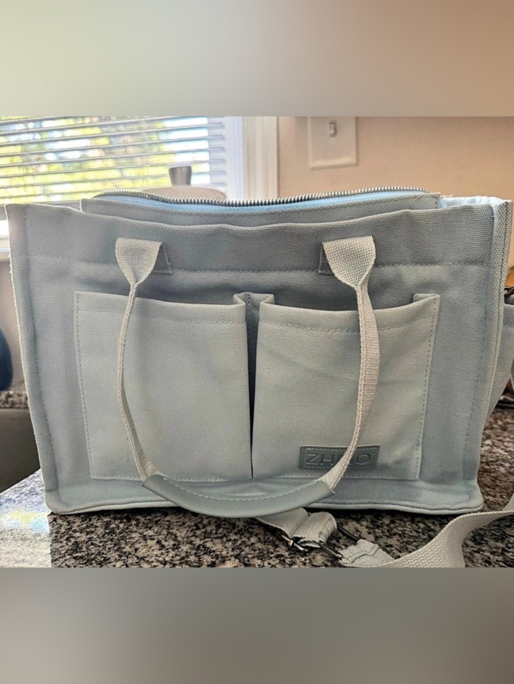 ZHMO Canvas Tote Bag for Women with Compartments and Side Cup Holders Blue